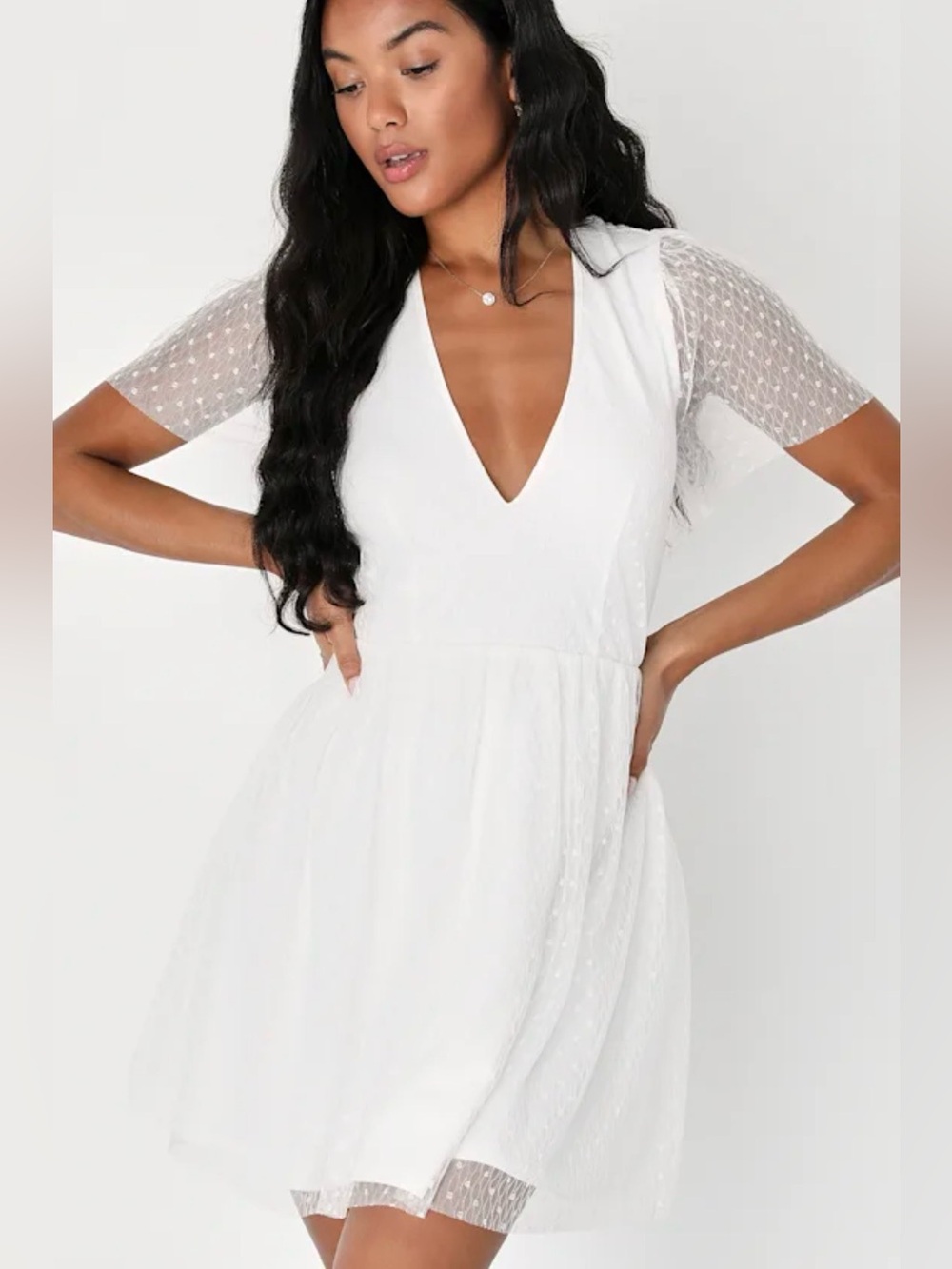 Lulus White Mesh Swiss Dot Short Sleeve Mini Dress Bridal Bachelorette Sheer